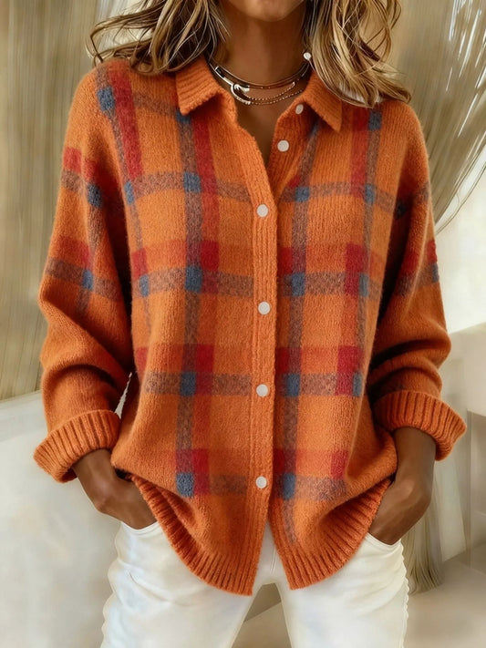 Sadie plaid cardigan in orange, front view worn open over white jeans