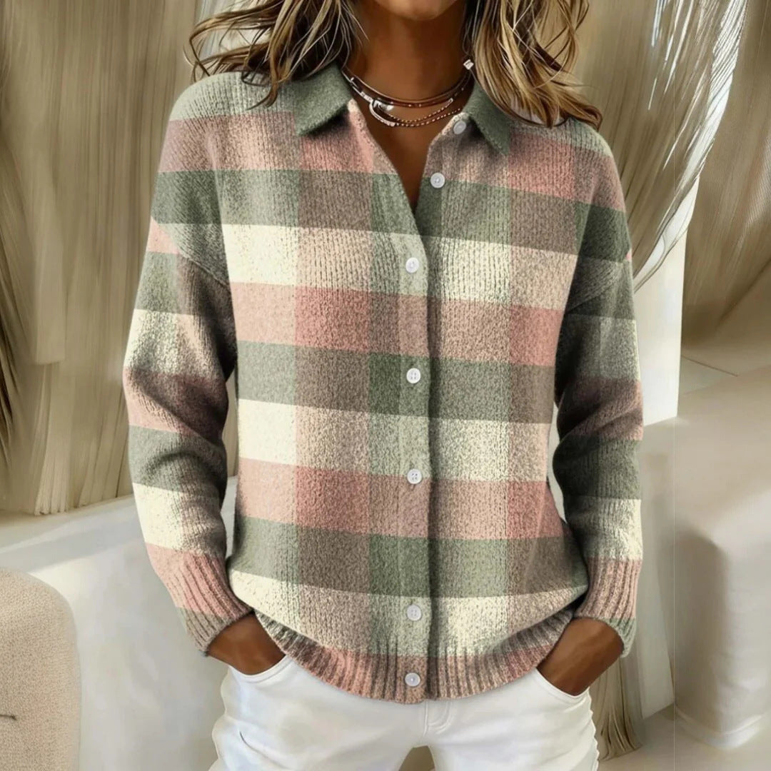 Hattie plaid cardigan in sage blush, front view worn open over white jeans