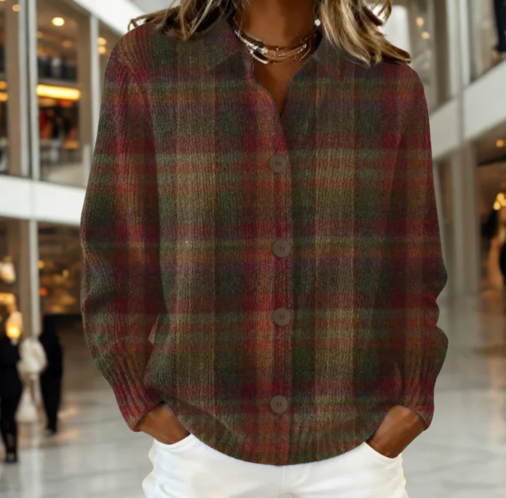 Cornelia plaid cardigan in burgundy, front view worn open over white jeans