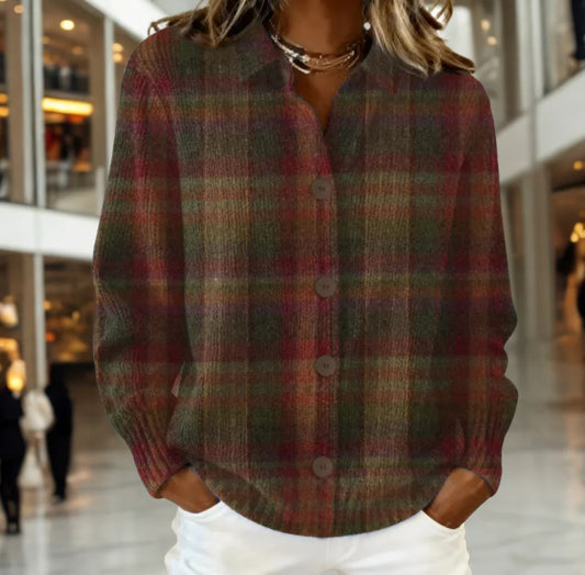 Cornelia plaid cardigan in burgundy, front view worn open over white jeans