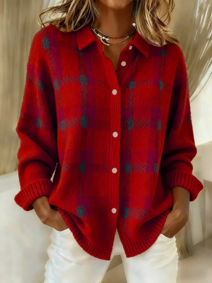 Ethel plaid cardigan in red, front view worn open over white jeans