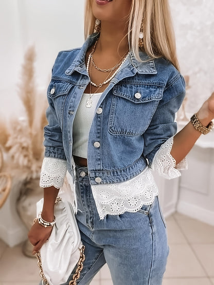 Winnie denim jacket three-quarter front view showing the lapel collar and chest flap pockets