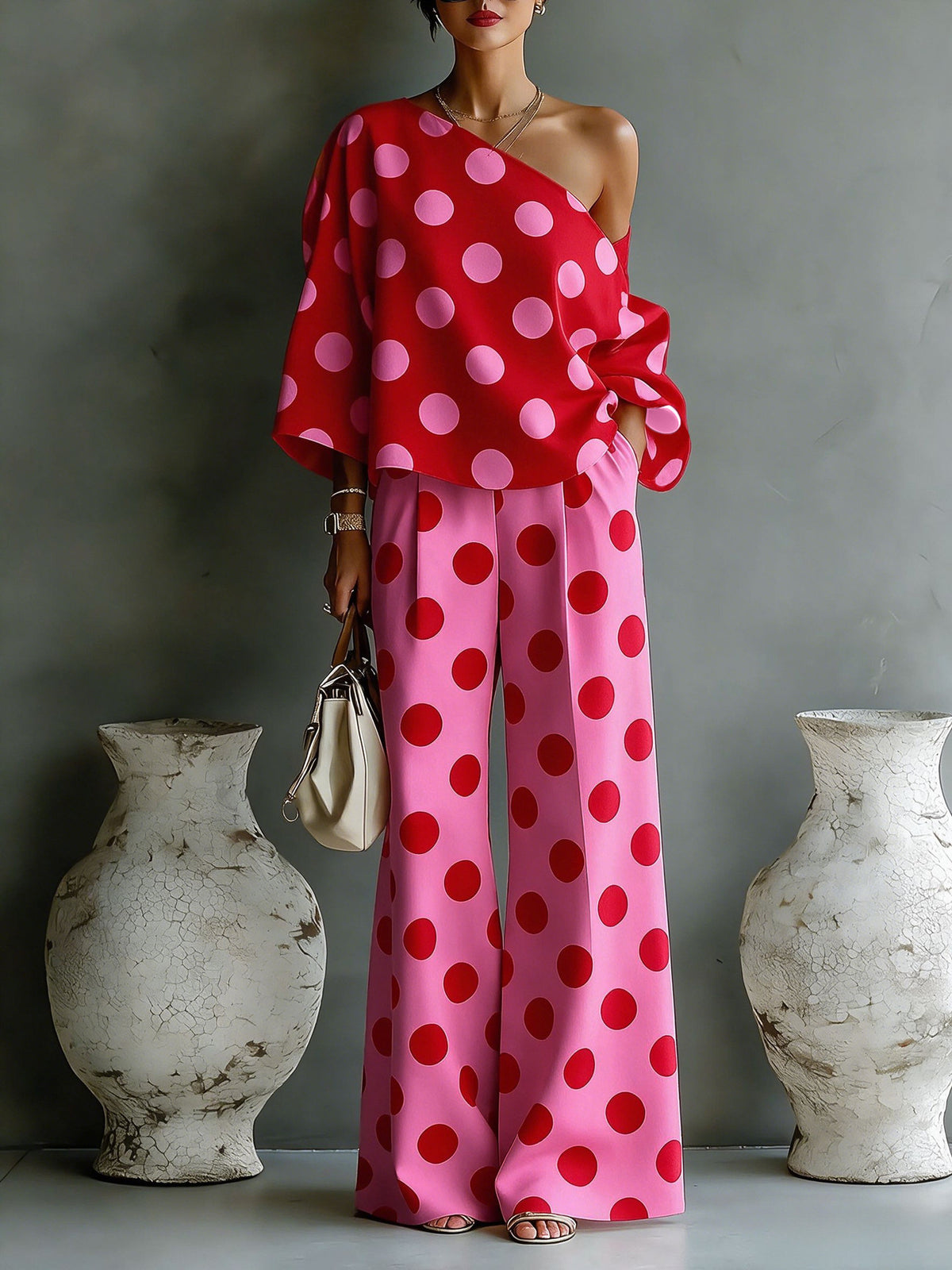 Loretta polka dot set in Red Pink, front view