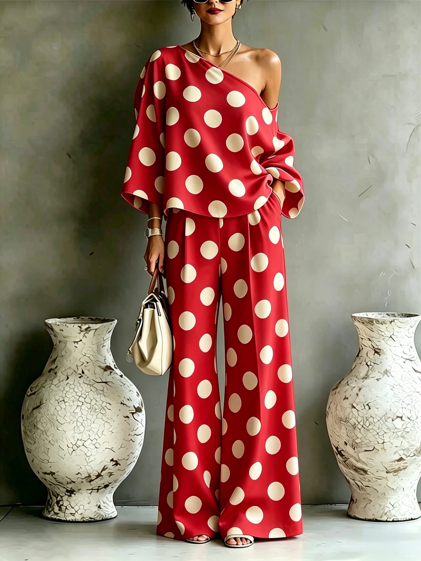 Loretta polka dot set in Red, front view