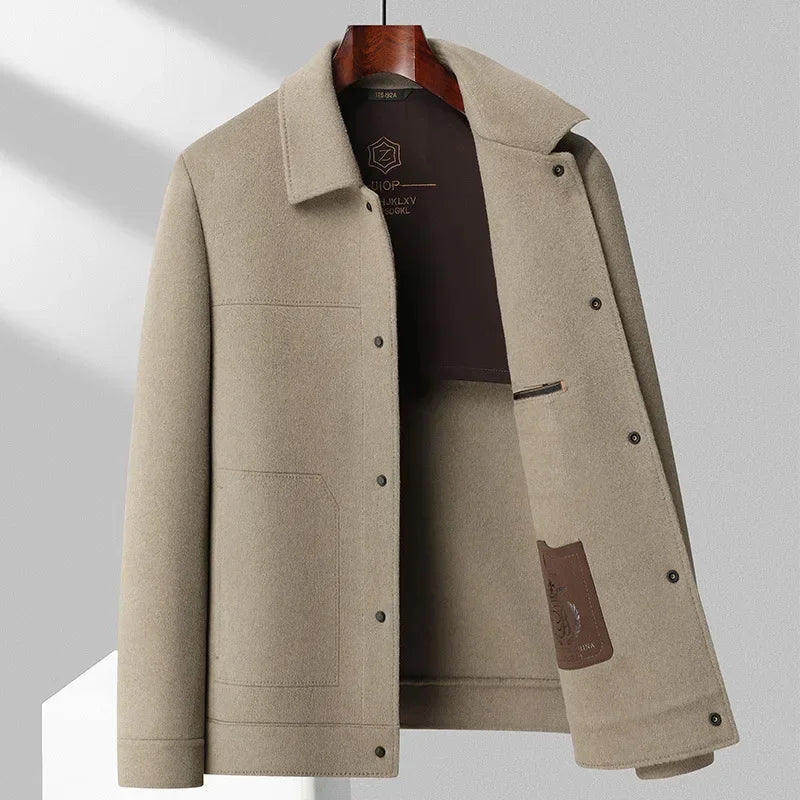 Flynn double-faced wool jacket in beige, front view on hanger