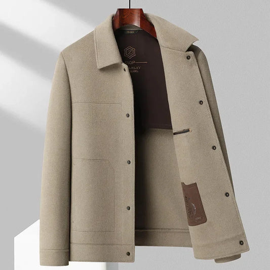Flynn double-faced wool jacket in beige, front view on hanger