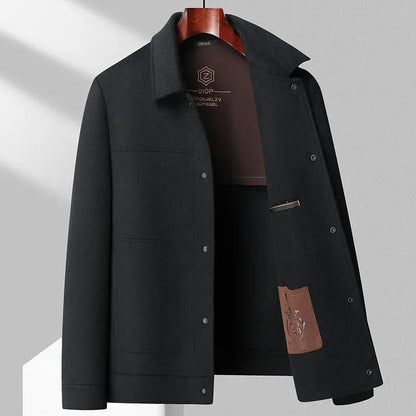Flynn double-faced wool jacket in black, front view on hanger