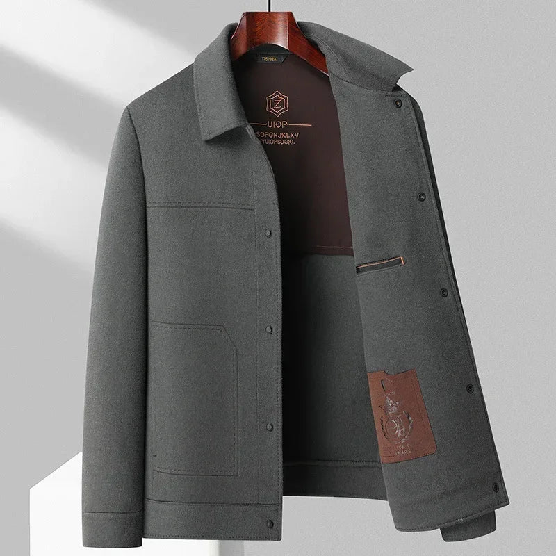 Flynn double-faced wool jacket in gray, front view on hanger