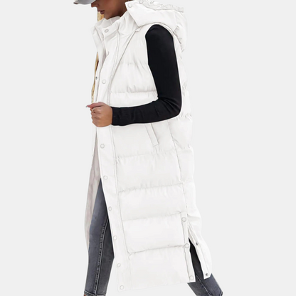 Thelma quilted hooded maxi vest in white, side view