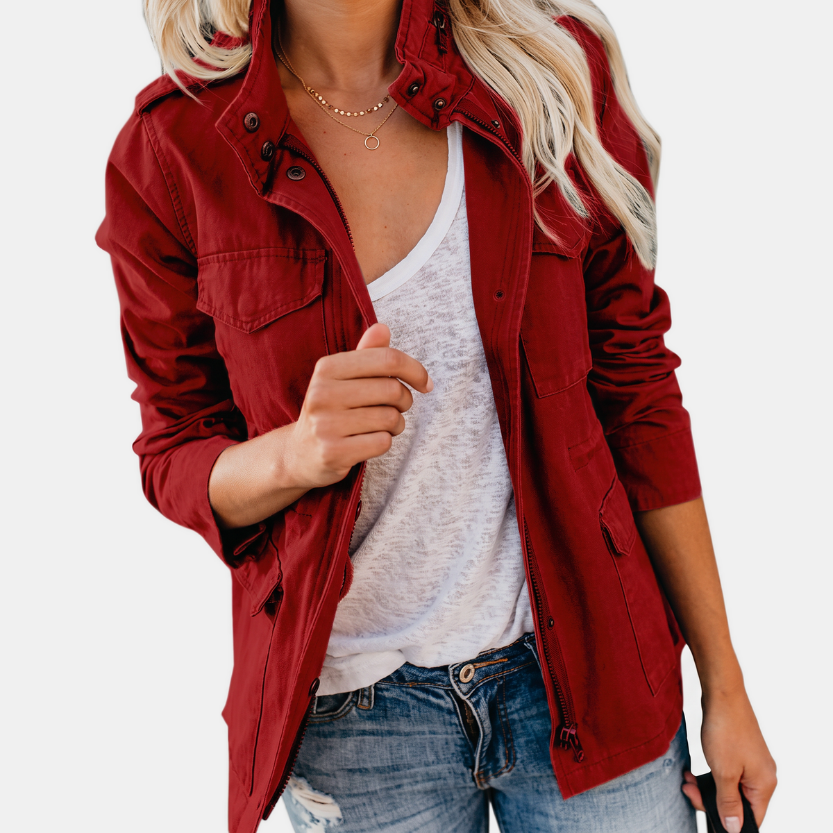 Verna utility cargo jacket in burgundy, worn open over a white tee