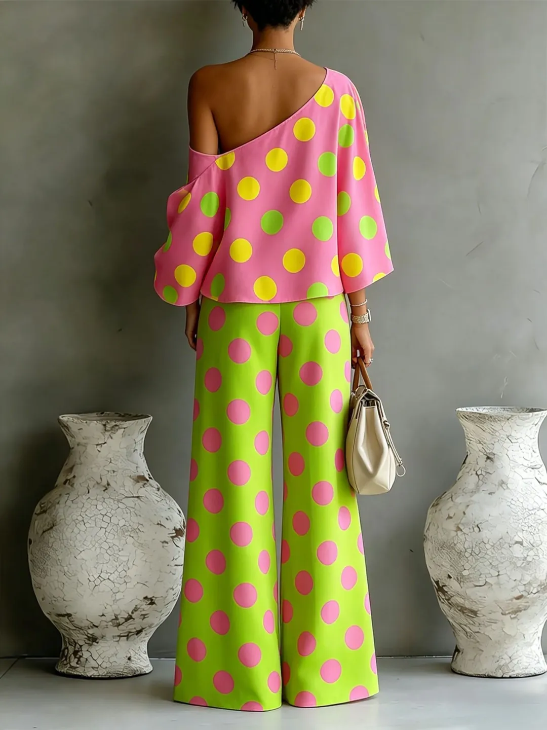 Back view showing the high waist and the full wide leg