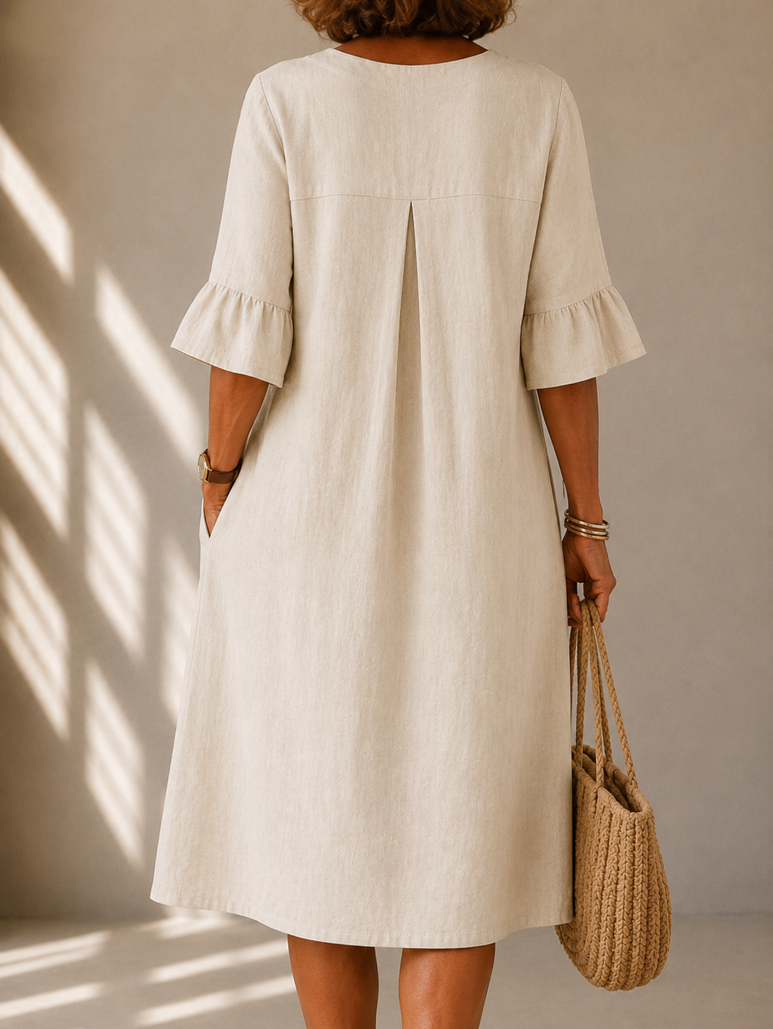 Geraldine dress in Beige, back view showing the box pleat