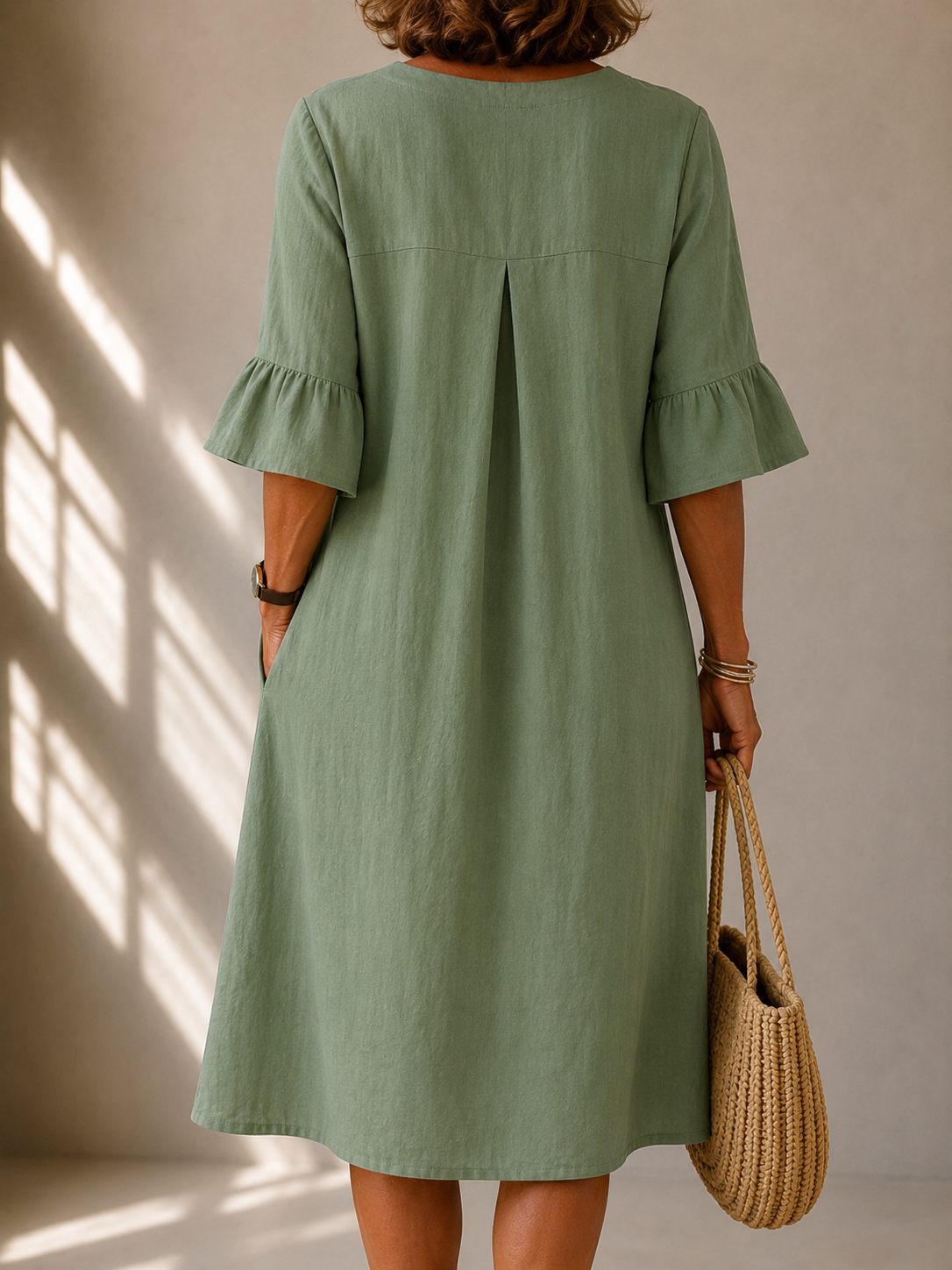 Back view of the Imogene dress in Sage Green, showing the box pleat and the ruffled three-quarter sleeves