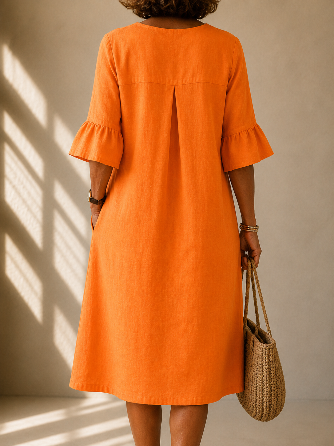 Back view of the Clarice dress in Orange, showing the box pleat and the ruffled three-quarter sleeves