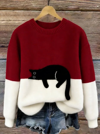 Bonnie cat print oversized sweater in burgundy, front view