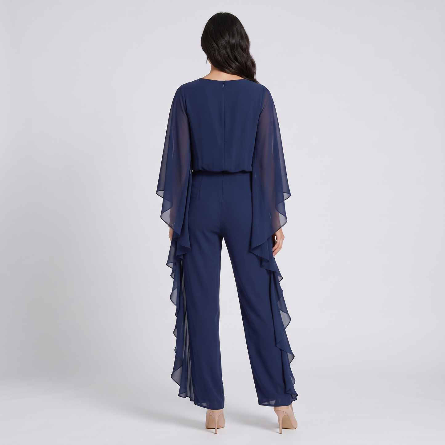 Adele chiffon two-piece set in navy, back view of the full look