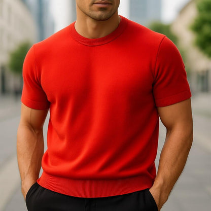 Warren fine knit t-shirt in red, front view