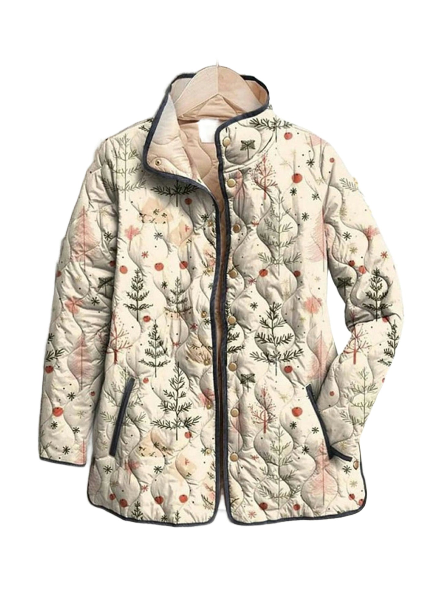 Celia quilted jacket in a cream botanical sprig print, front view