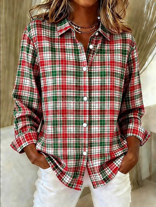Bettina red, green and white plaid blouse, front view