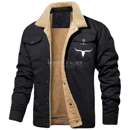 The Broadway sherpa trucker jacket in black with the longhorn print
