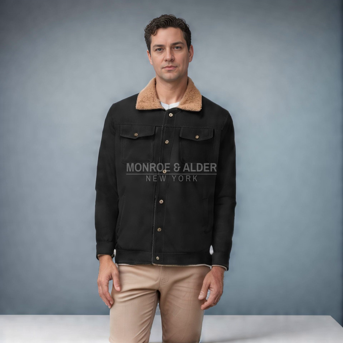 Man wearing the Brooklyn sherpa-lined trucker jacket in black