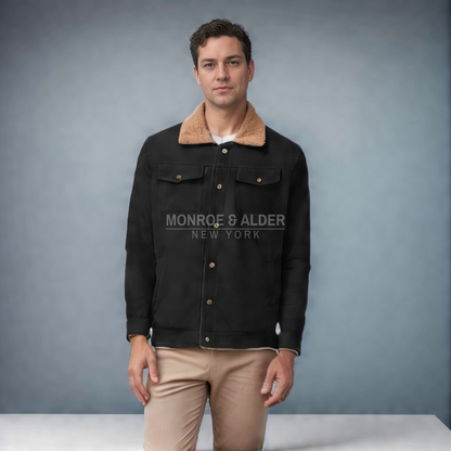 Man wearing the Brooklyn sherpa-lined trucker jacket in black