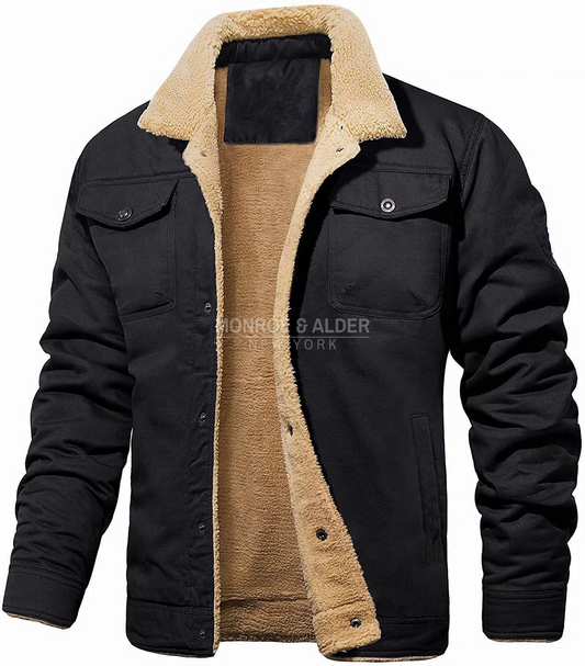 The Brooklyn jacket in black, opened to show the sherpa lining