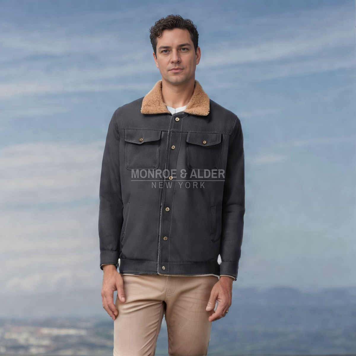 Man wearing the Brooklyn jacket in charcoal
