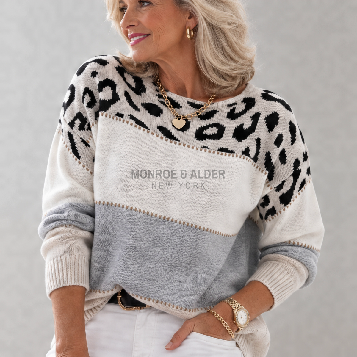 Carolyn sweater in Cream & Gray, front view showing the relaxed body