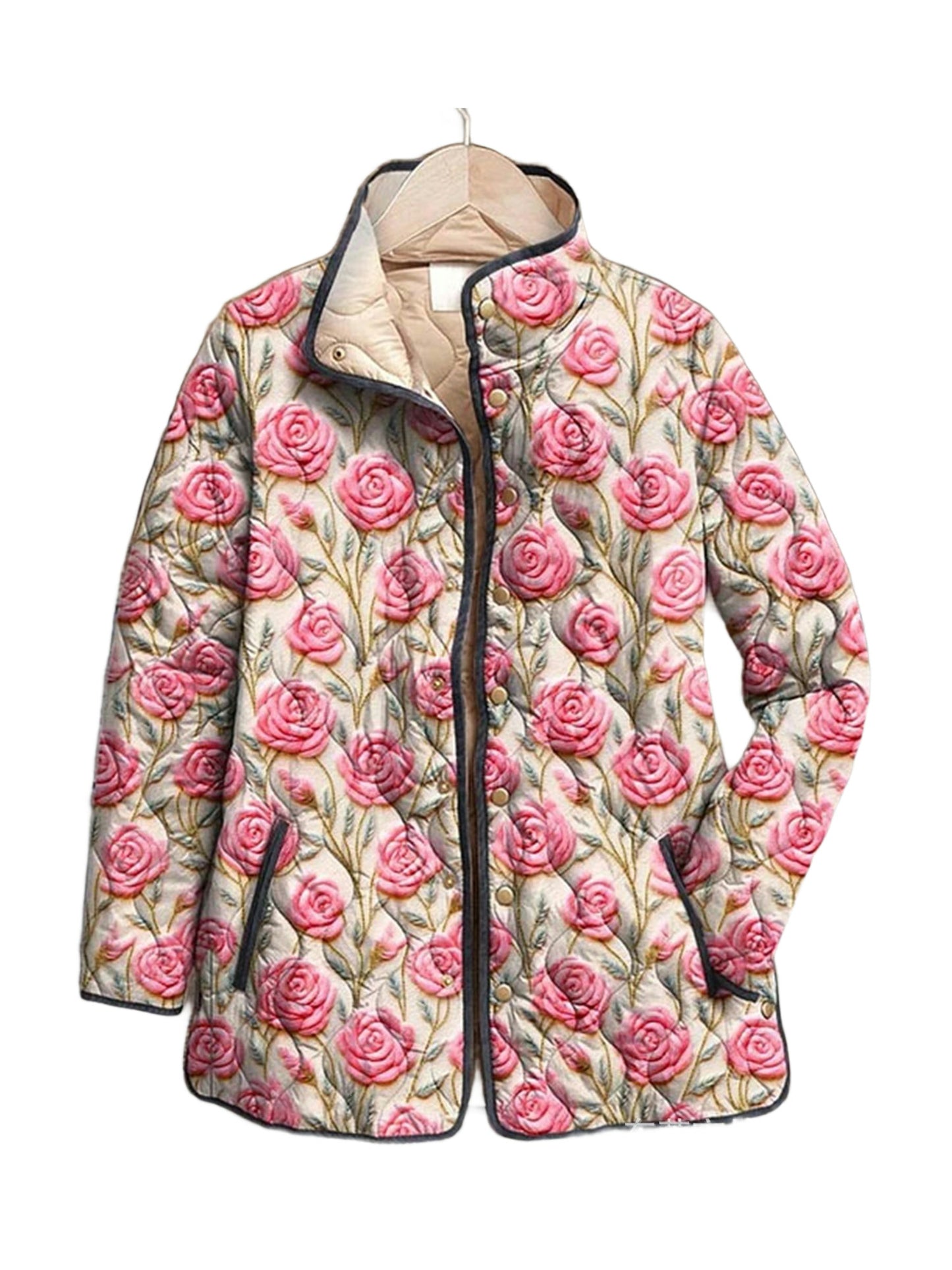 Rosalyn quilted jacket in an all-over pink rose print, front view