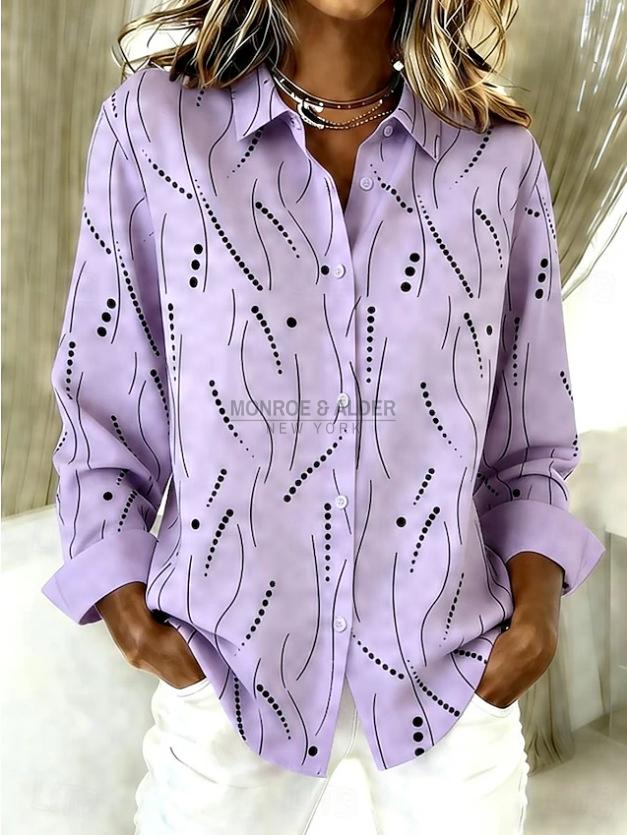 Celestine lavender blouse with a black dotted line print, front view