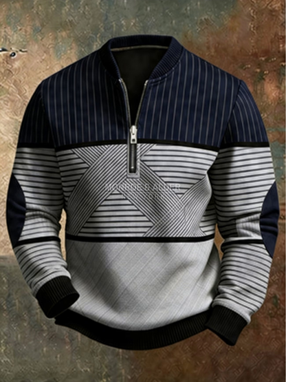 Conrad half-zip sweater in navy with geometric striped pattern