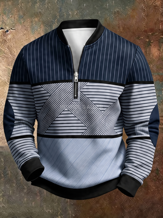Conrad half-zip sweater in navy with geometric striped pattern
