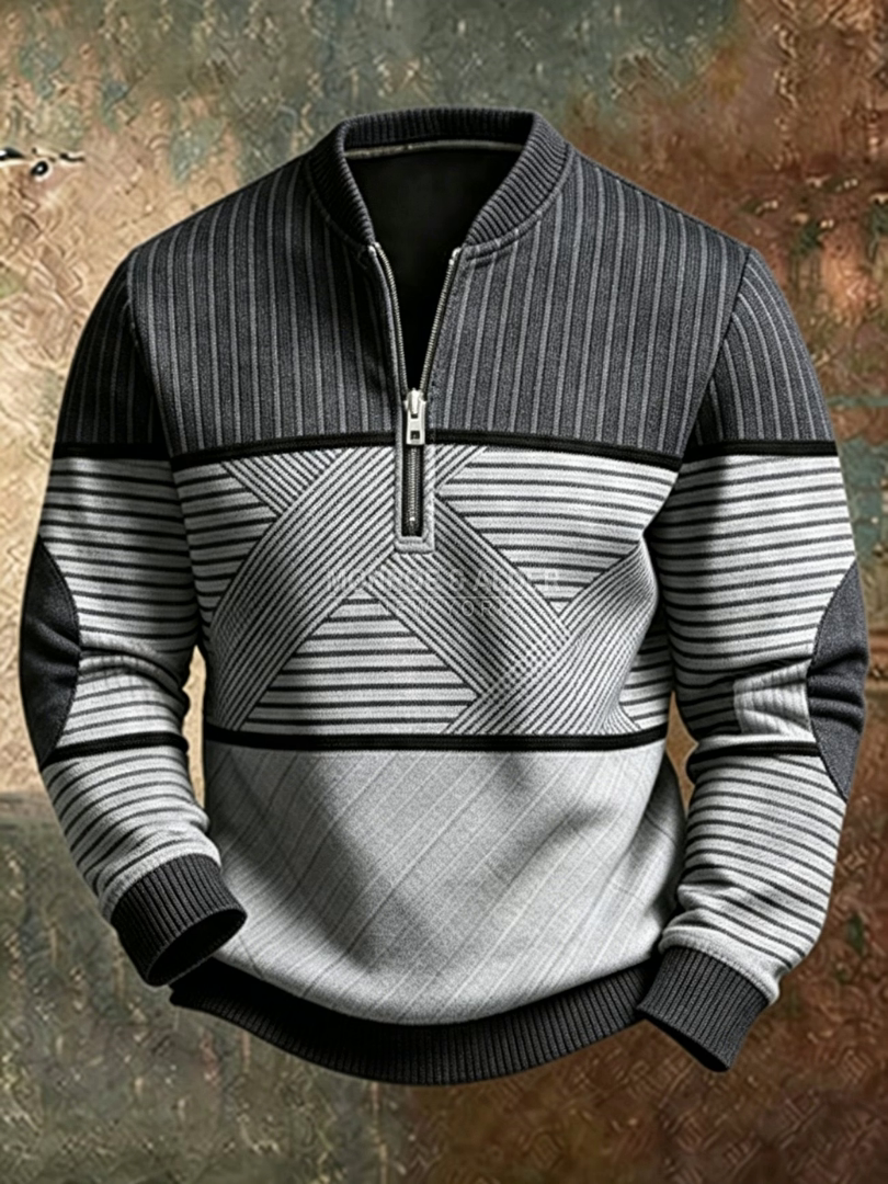 Conrad half-zip sweater in gray with geometric striped pattern