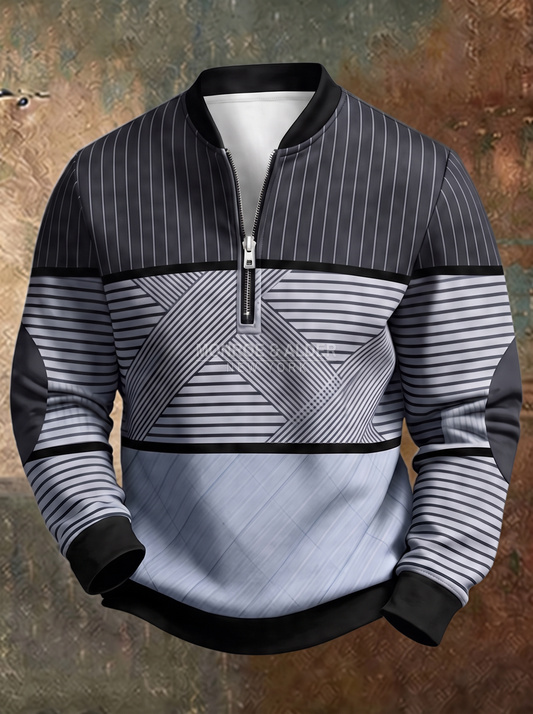 Conrad half-zip sweater in gray with geometric striped pattern