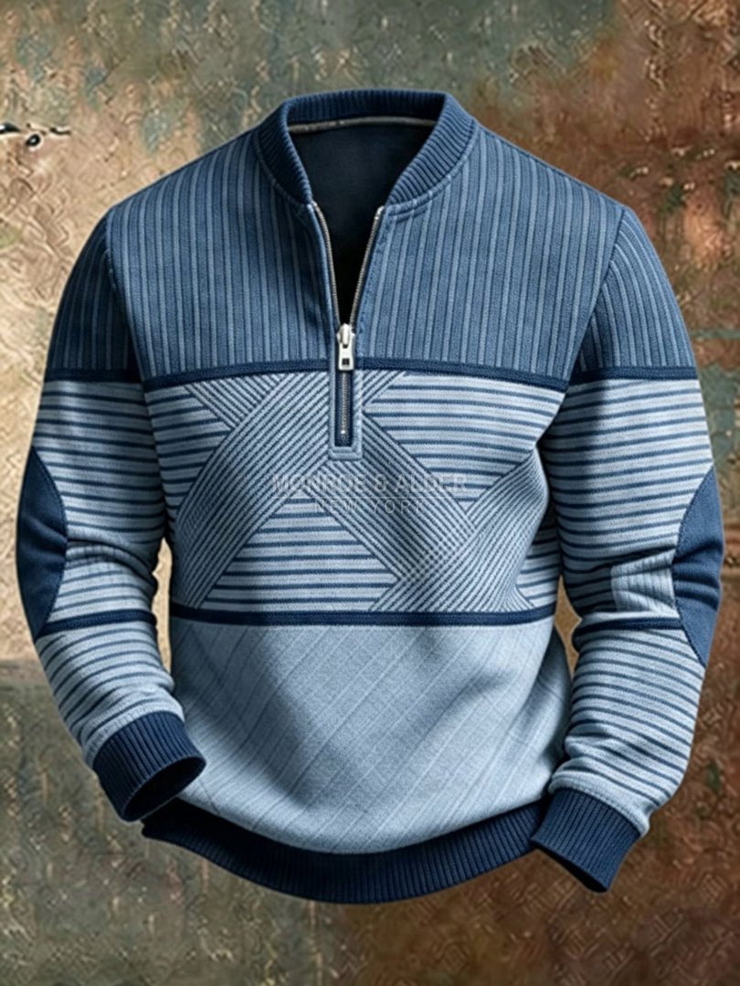 Conrad half-zip sweater in blue with geometric striped pattern