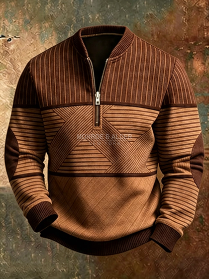 Conrad half-zip sweater in brown with geometric striped pattern