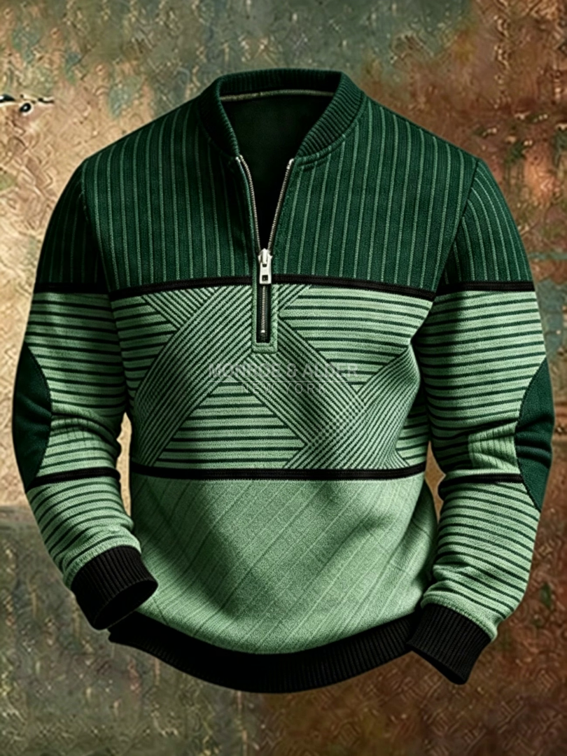 Conrad half-zip sweater in green with geometric striped pattern