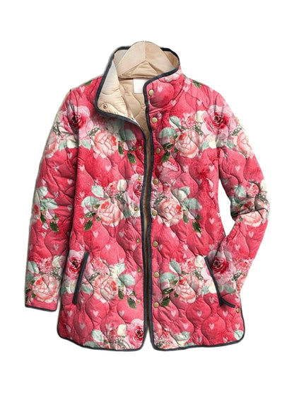 Clementine quilted jacket in a coral rose print, front view