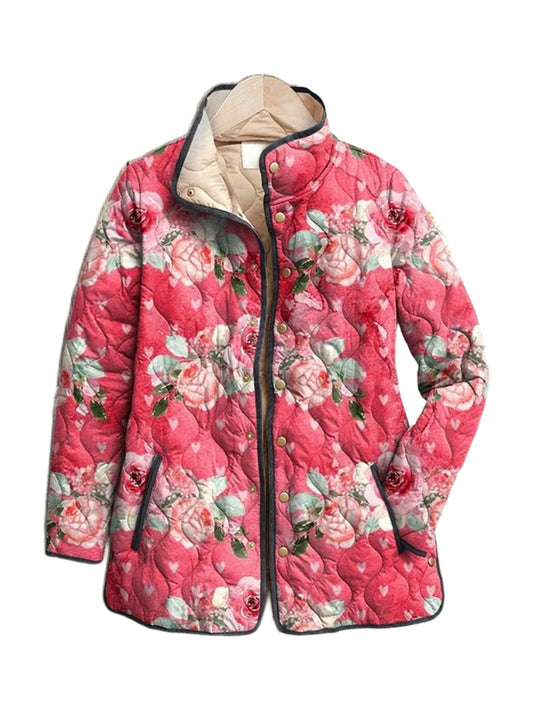 Clementine quilted jacket in a coral rose print, front view