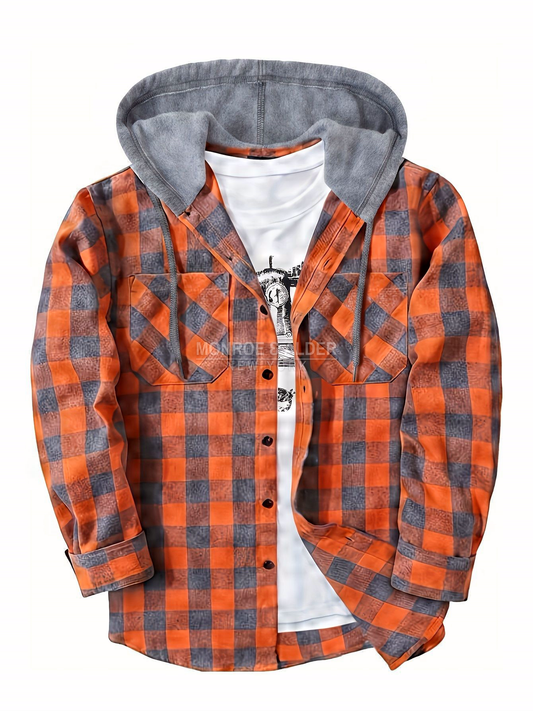 Dalton hooded plaid shirt jacket in Orange, front view over a white tee