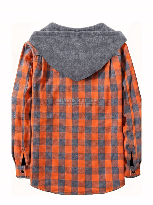 Back view of the Dalton hooded plaid shirt jacket in Orange, showing the gray hood and yoke