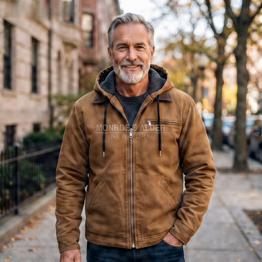 Man wearing the Dawson jacket in brown over a tee on a city street