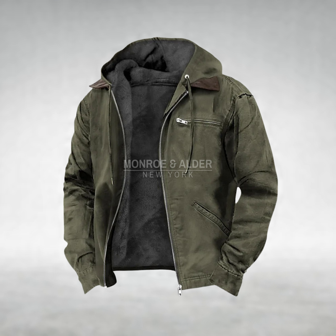 Dawson casual hooded jacket in olive green, open to show the fleece lining and hood