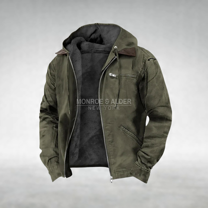 Dawson casual hooded jacket in olive green, open to show the fleece lining and hood
