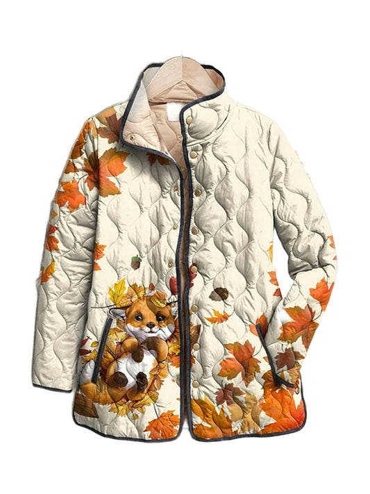 Maude quilted jacket in a cream autumn leaf print with a fox, front view