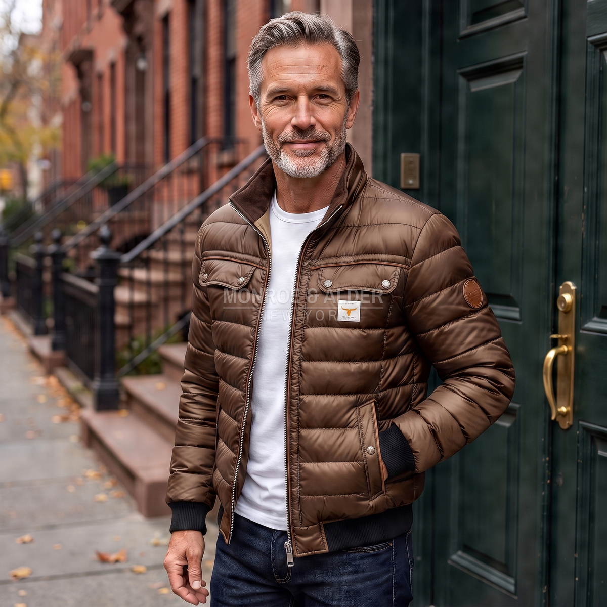 Dean quilted winter jacket in brown, worn with dark jeans