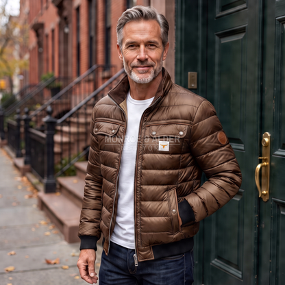Dean quilted winter jacket in brown, worn with dark jeans