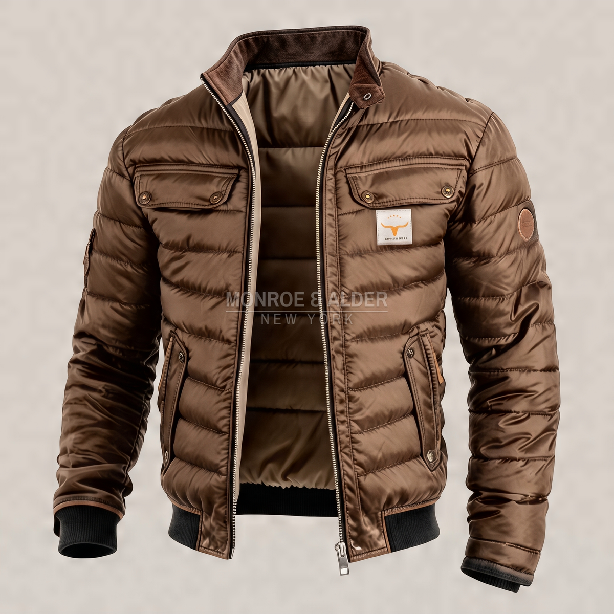 Dean quilted winter jacket in brown, open to show the collar lining and snap chest pockets