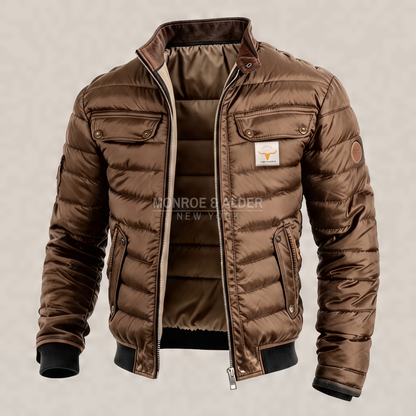 Dean quilted winter jacket in brown, open to show the collar lining and snap chest pockets